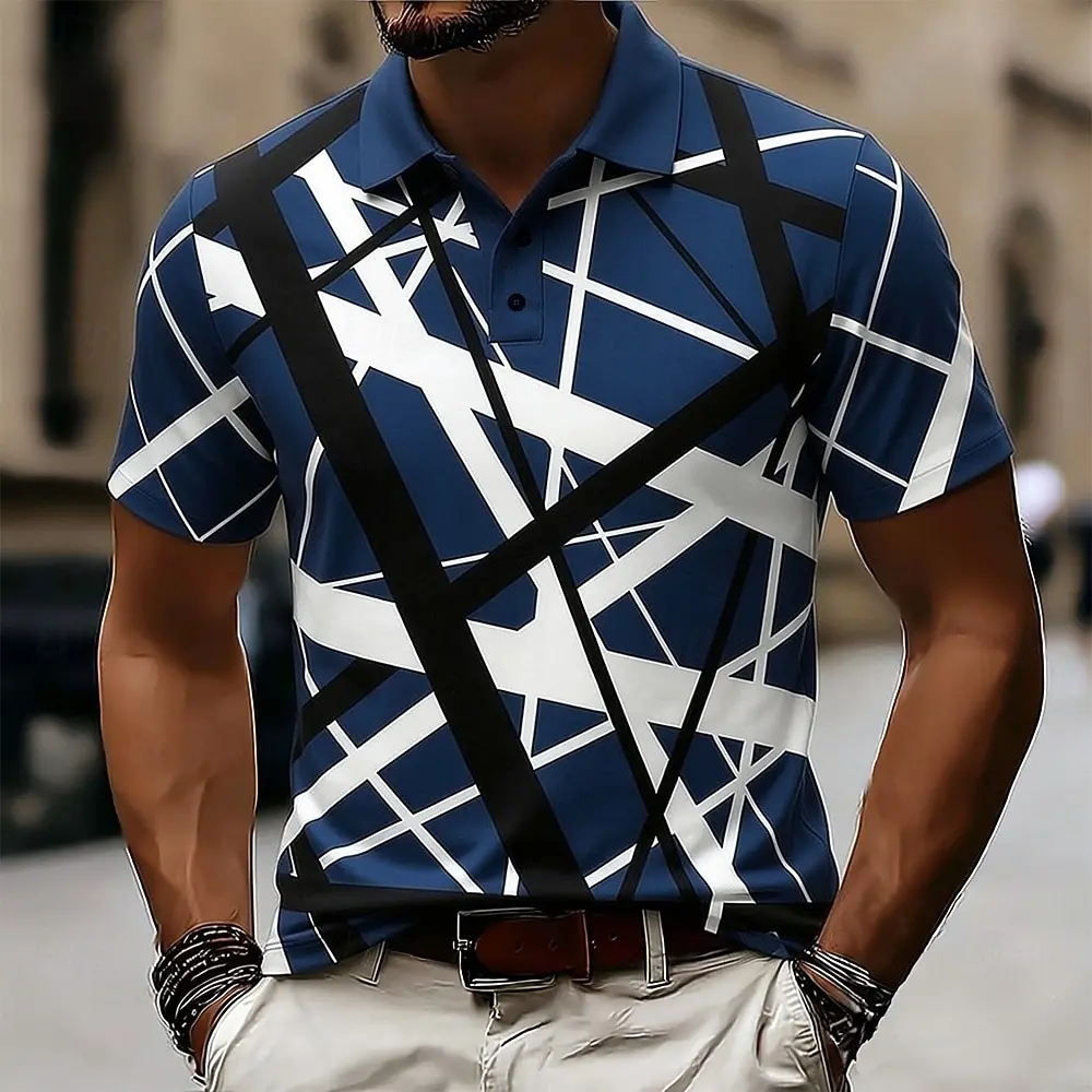 Men's Blue Geometric Cross Line Print Polo Shirt, Casual Tops For Spring Summer Daily Streetwear & Smart Casual Occasions