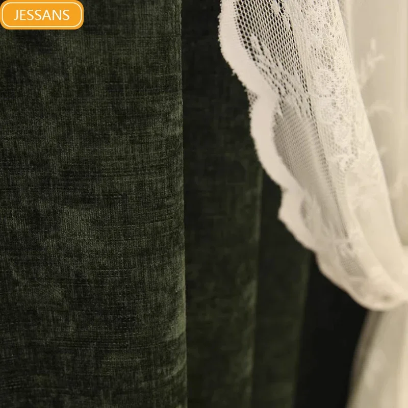 Japanese Forest Green Chenille Jacquard Thickened Lace Patched Curtains for Living Room Bedroom Balcony French Window Customized