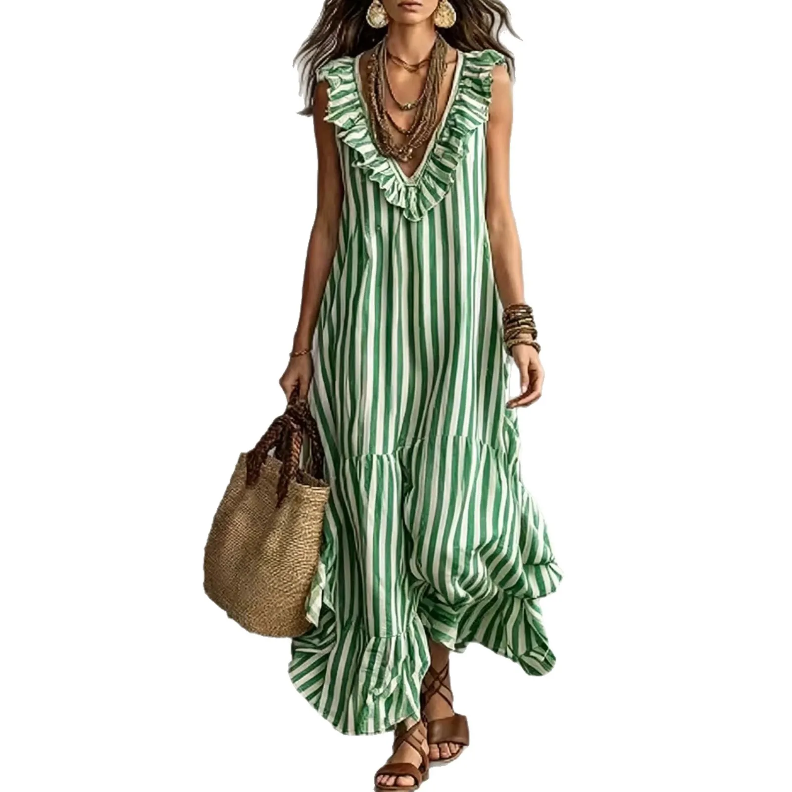 Bohemian Striped Ruffle V Neck Sleeveless Dress Summer Dresses Jumpsuit Playsuit 5