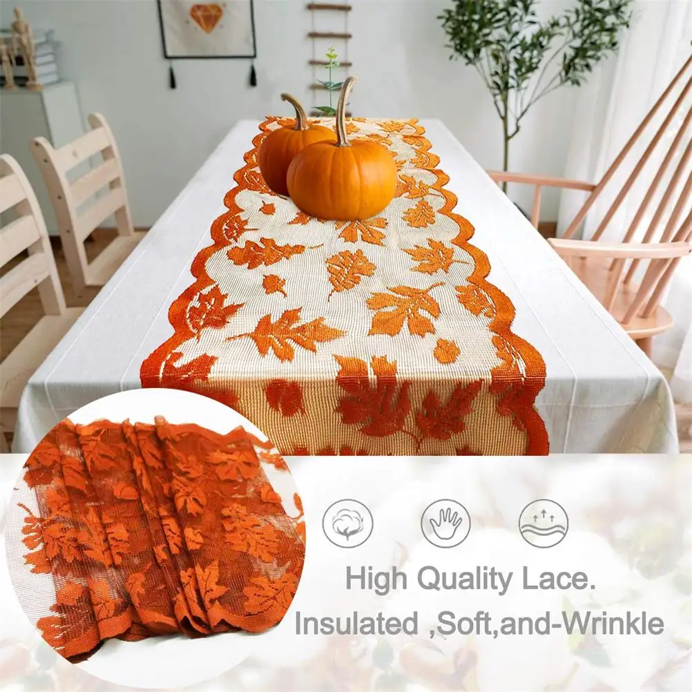 Tafelloper van kant met esdoornbladmotief, herfstthema, kreukherstellend en vlekbestendig, tafeldecoratie voor Thanksgiving en het oogstseizoen.