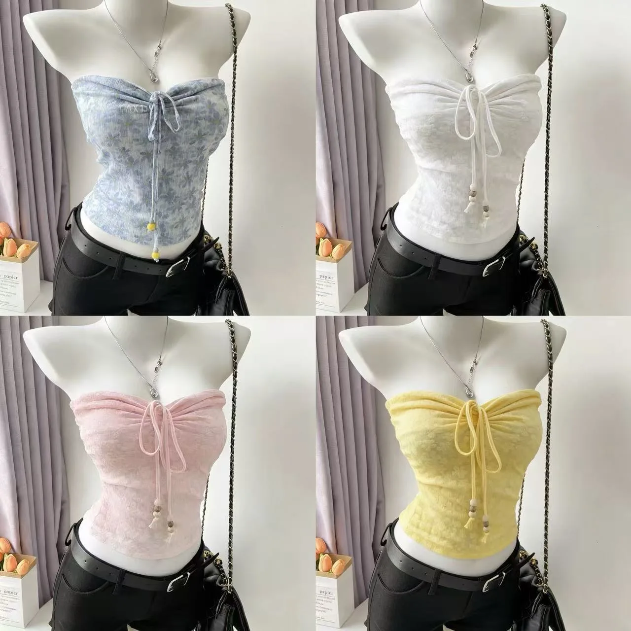 Spicy girl spring and summer fresh blue daisy cute bead strapless top Spicy girl short sleeveless y2k vest