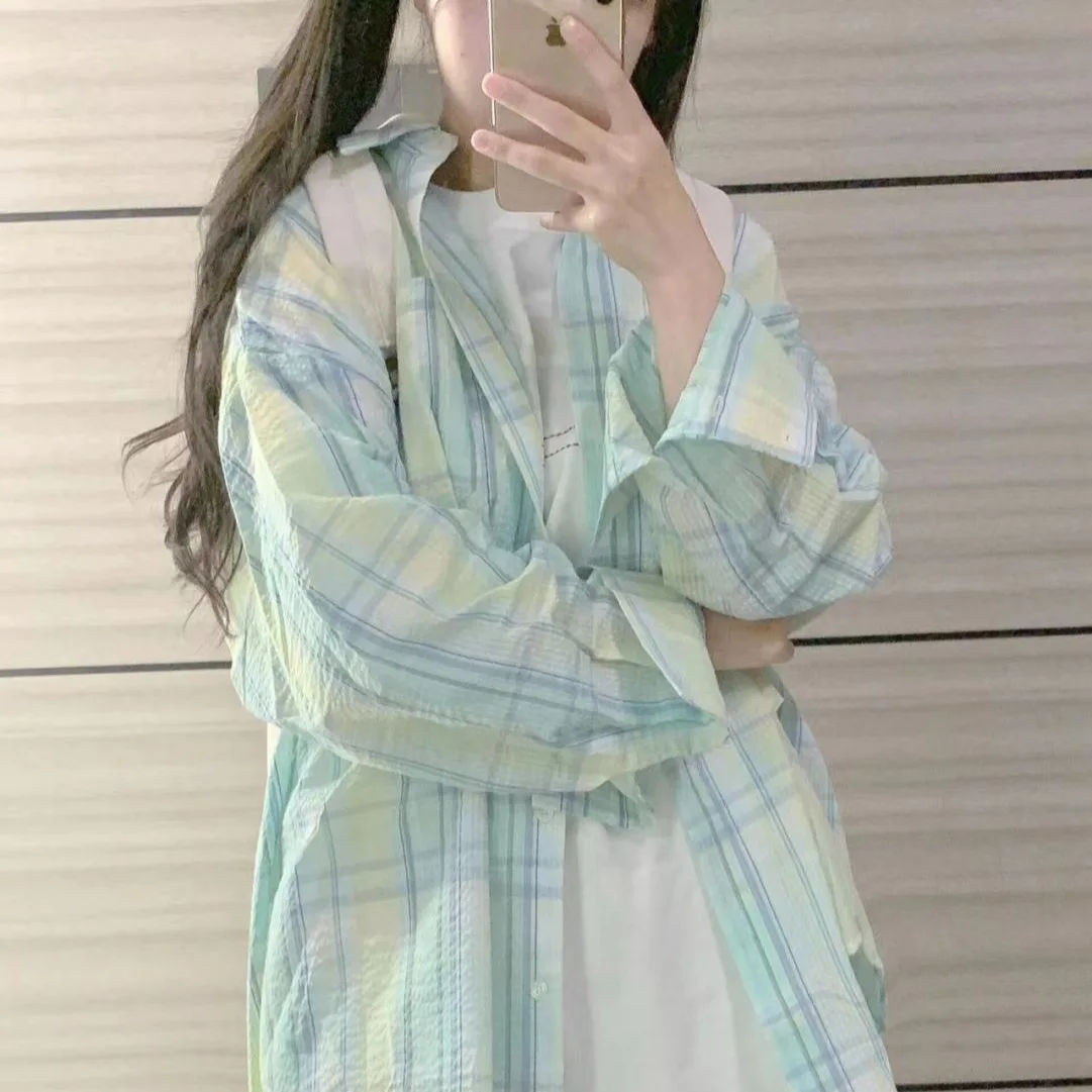 Summer Lazy Sun Protection Thin Green Checkered Women's Shirt Versatile Loose Casual Shirt Women's Coat
