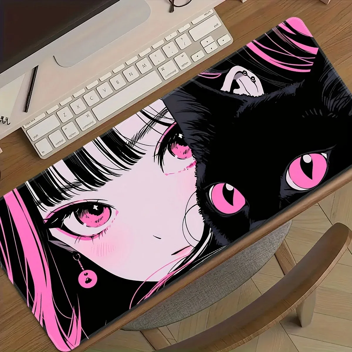 

Большой игровой коврик для мыши с аниме-дизайном «Черные кошачьи глаза», длинный, нескользящий, для компьютерного стола, для офиса