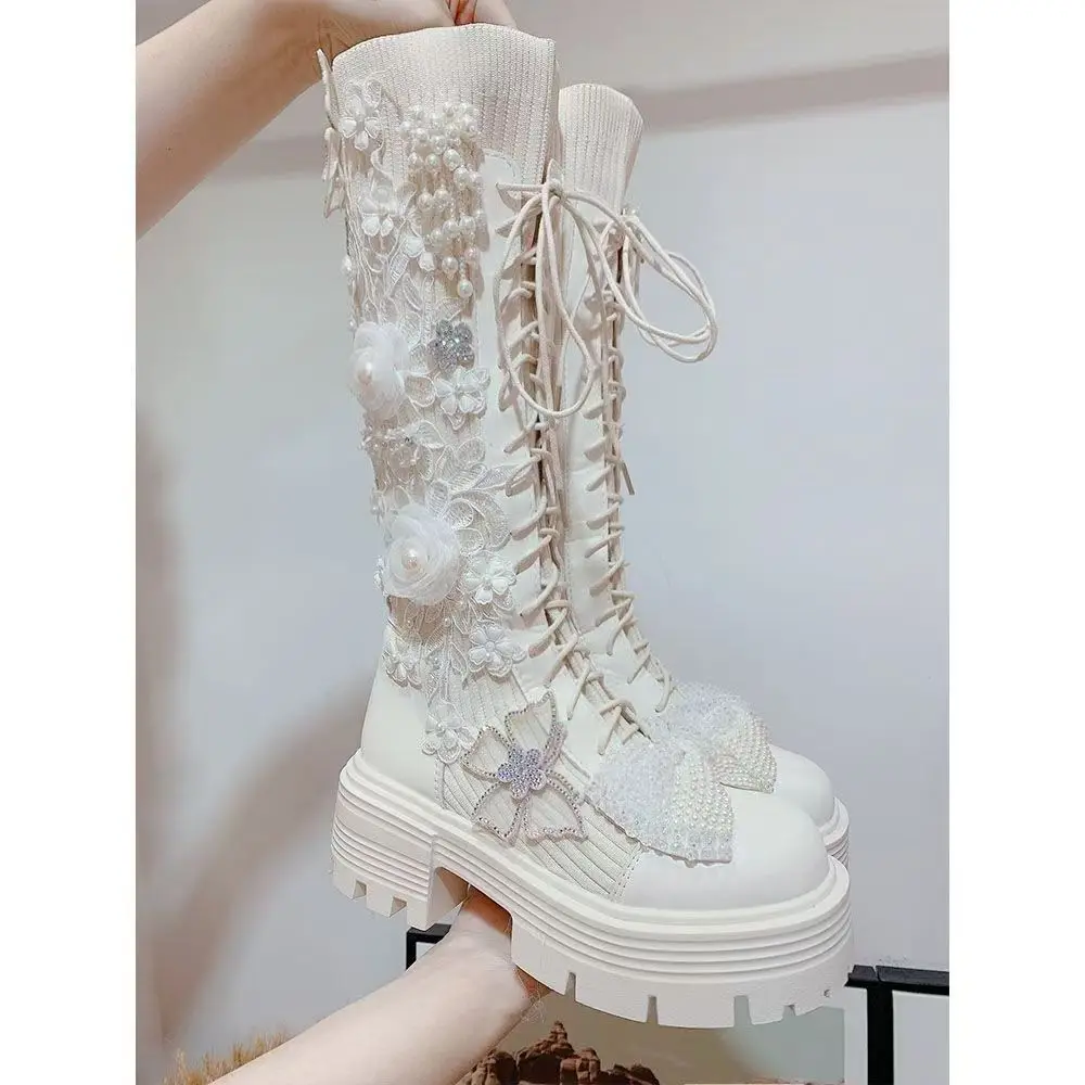

Pearl Lace Three-dimensional Flower, Rhinestone Bead, Tassel, Women's Knot, High Visibility Slimming, Elastic Tube Fashion Boots