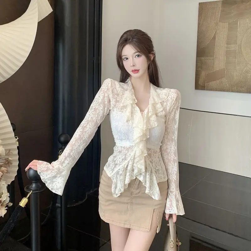 Spring Summer New Pleated Lace Patchwork Tops Tees Long Sleeve Thin Solid Hollow Out Slim Shirts Sexy Fashion Women Clothing