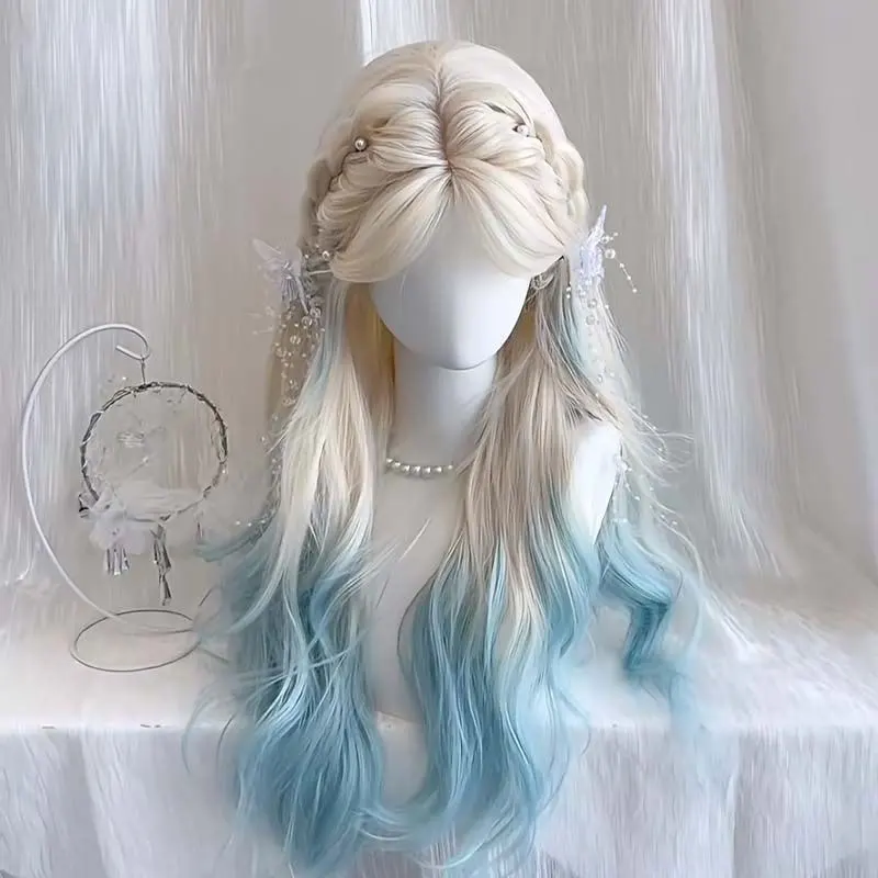 Gradient Light Blue Long Wavy Wig Lolita Anime Game Cosplay Synthetic Hair Wig Party Halloween Women Daily Use Hairstyle