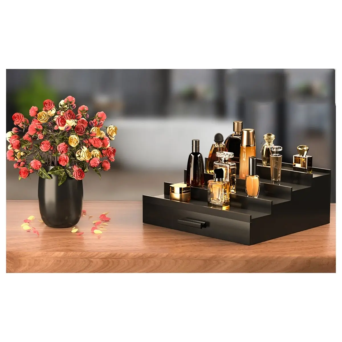 giftnew Sephyroth Cologne Organizer for Men,4 Tier Cologne Display Shelf with Drawer Storage, Perfume Storage Display Risers