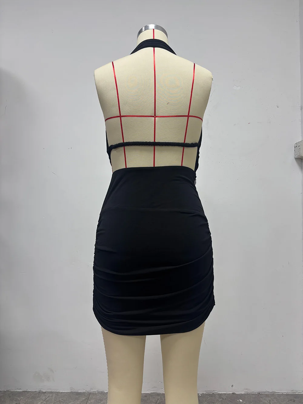 Deep Halter V Neck Mini Dress Sexy Open Back Thin Band Strap Bodycon Evening Dress Triangle Metal Buckle Ruched Wrap Short Dress