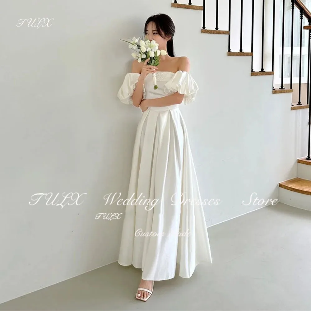 

TULX A Line Satin Ivory Korea Wedding Dresses Photo Shoot Off Shoulder Puff Sleeve Custom Made Ankle Length Corset Bridal Gown