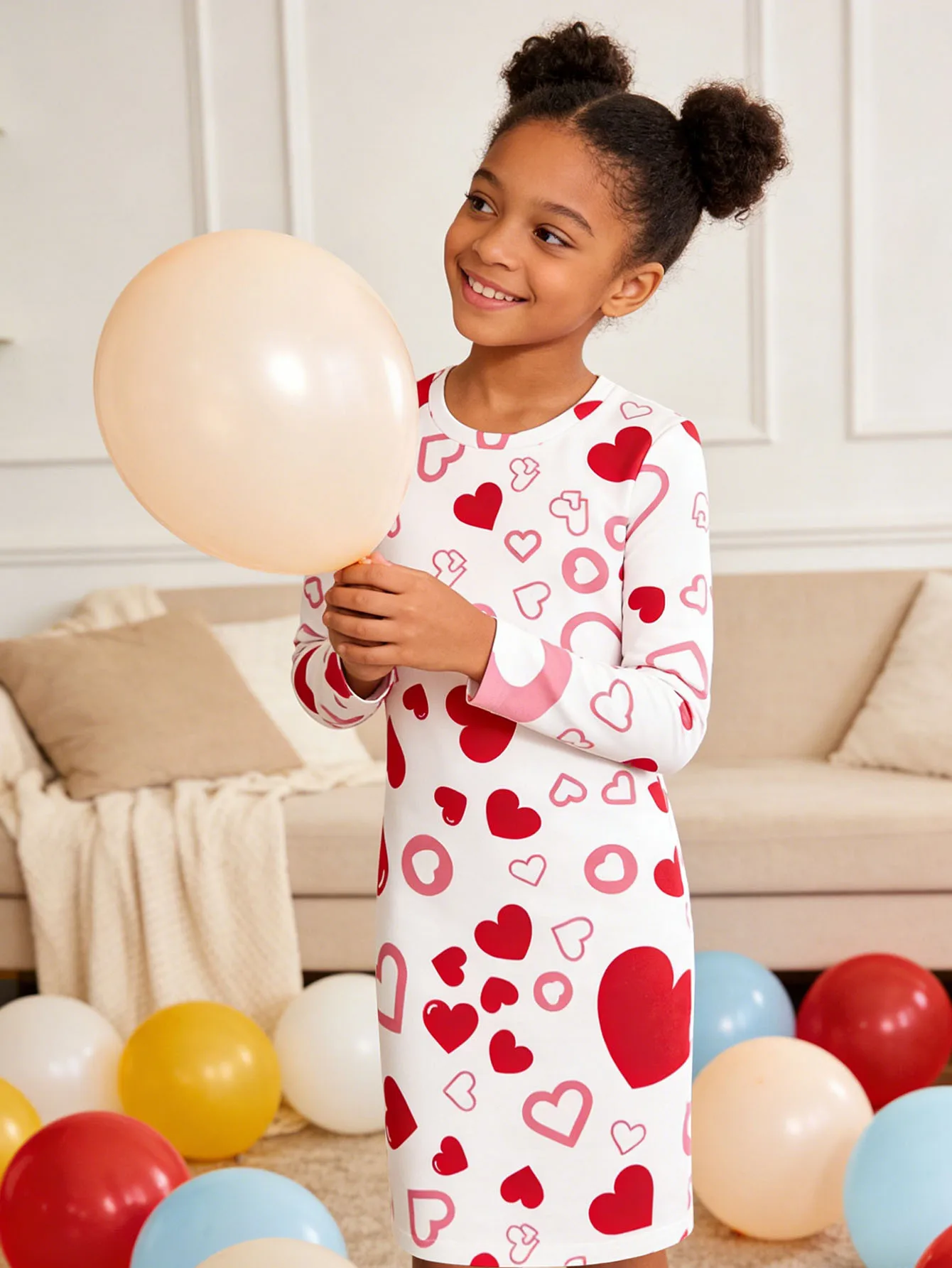 

2026 Children's Red and White Love Print Sweet Long Sleeve Slim Dress on White Background