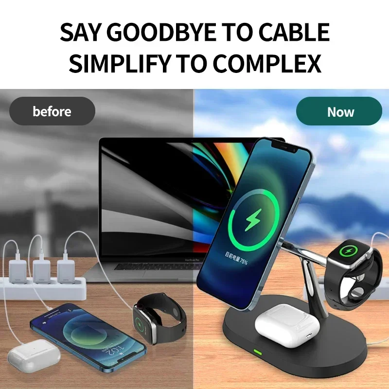 Magnetic Wireless Charger Desktop Stand For Apple Watch8/7/6 Airpods Pro iPhone 15 14 13 12 Pro Max 3 in 1 Fast Charging Station