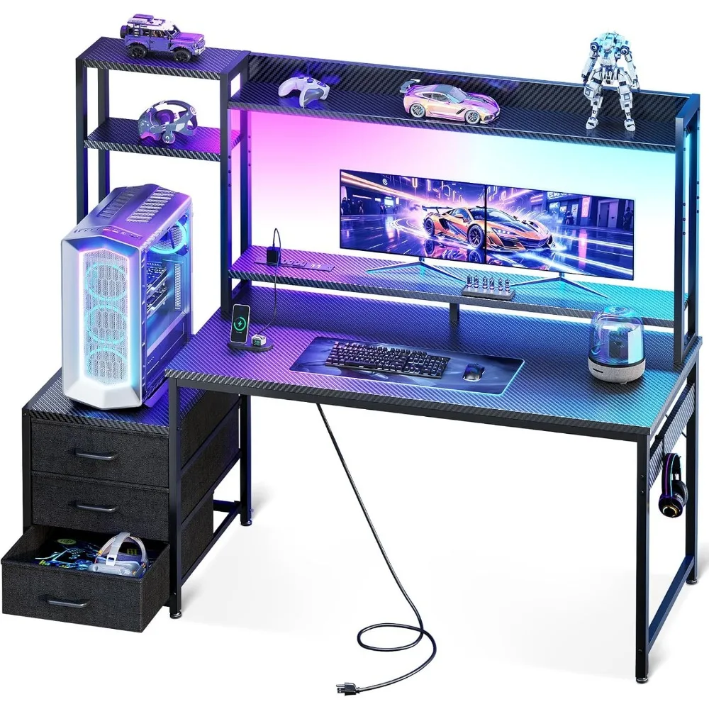 

48 Inch Gaming Desk with Hutch & 3 Fabric Drawers, Computer Desk with USB Ports & LED Lights, Reversible Pc Gamer Table