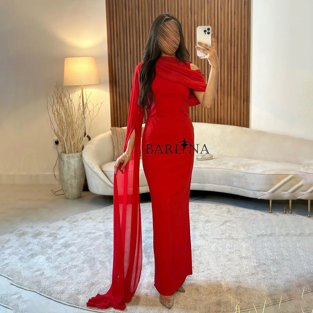 

Red Mermaid Evening Dresses One Sleeve Mono Satin Saudi Arabic Formal Prom Dress Floor Length Evening Party Gowns