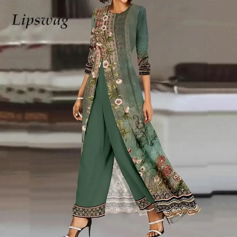 

Spring O Neck Long Sleeve Dress Top and Pants Set Vintage Casual Ladies Long Tops Set Women Loose Wide Leg Pants Two-pieces Set