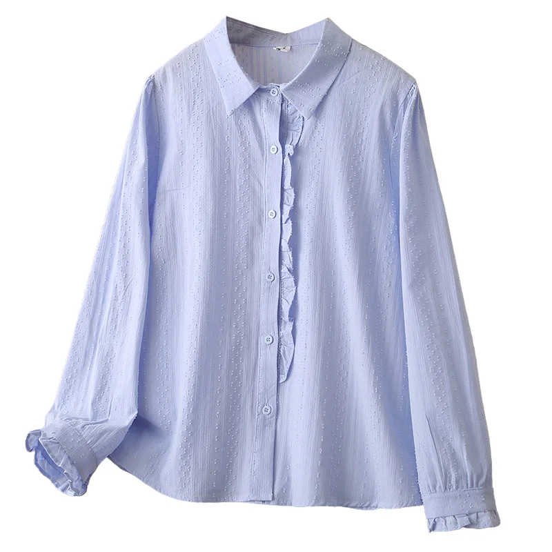 

XXXXL модные женские блузки больших размеров, стильная хлопковая жаккардовая рубашка с длинными рукавами и рюшами, осень 3073