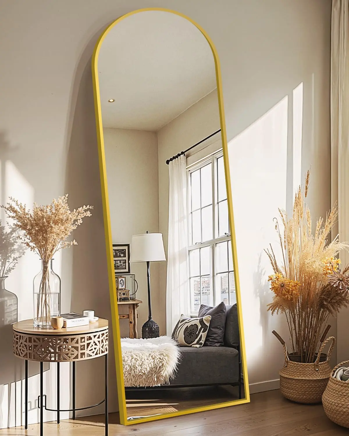 

Large Full-Length Floor Mirror with Aluminum Frame, Arched Design for Wall or Freestanding Use in Bedroom, Bathroom, Living Room