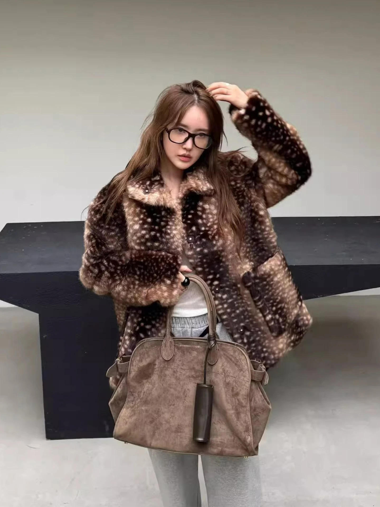 เสื้อโค้ทขนสัตว์ลายวินเทจสำหรับผู้หญิง แขนยาว กระดุมแถวเดียว มีกระเป๋า เสื้อแจ็คเก็ตหนาสำหรับฤดูหนาว รุ่น CB255