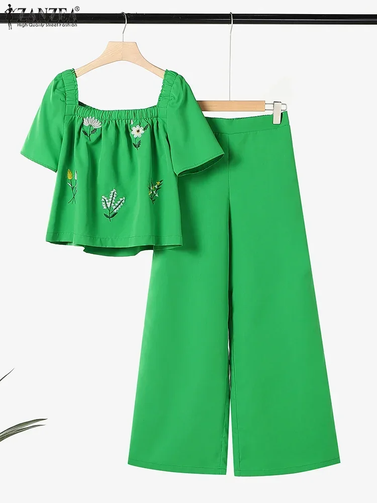 

ZANZEA Summer Women Pant Sets Short Sleeve Square Collar Tops Elastic Waist Pant Sets Outfits Floral Embroidery Two Piece Suts