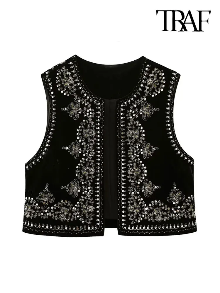 

Vintage O Neck Sleeveless Female Outerwear Chic Vest Tops TRAF Women Fashion With Sequin Floral Embroidery Crop Waistcoat