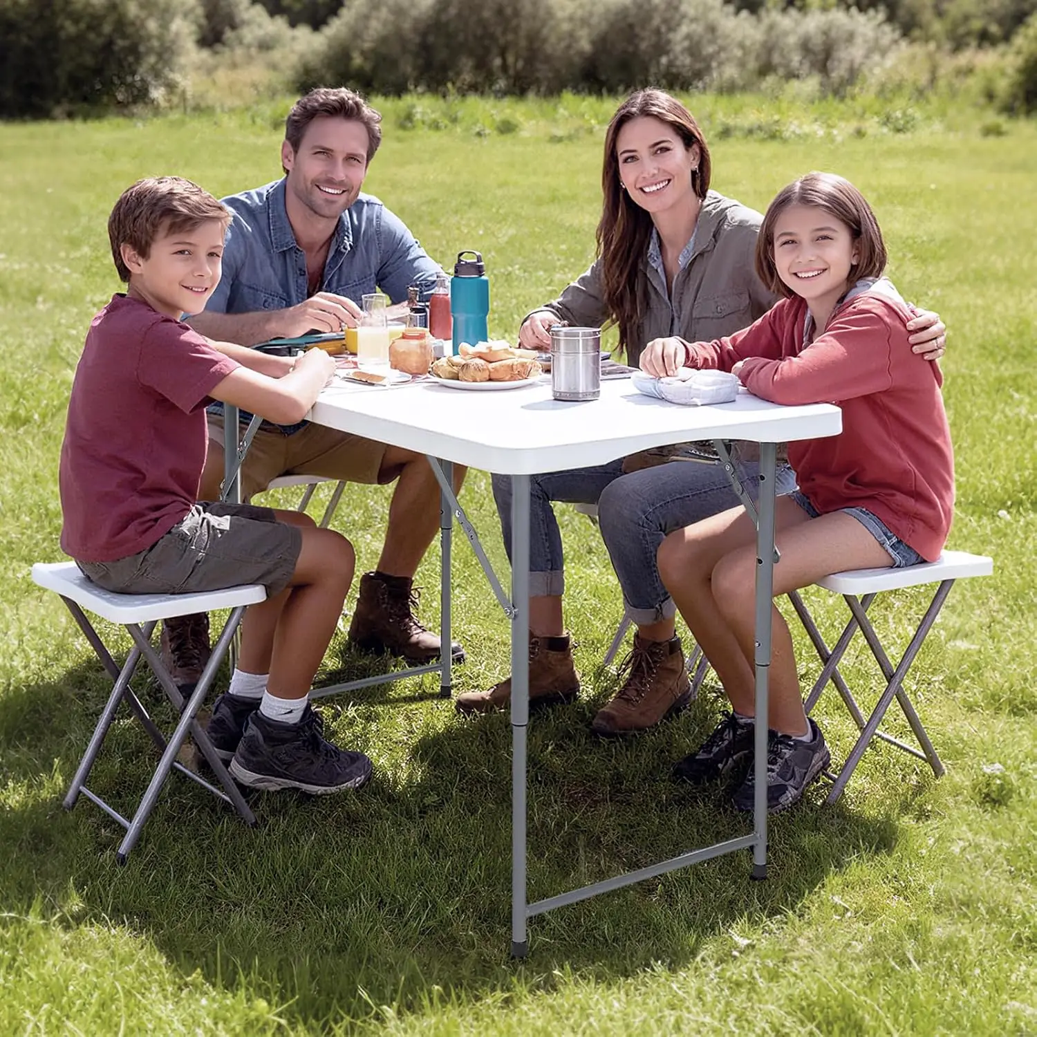 Folding Table 4-Foot Small Plastic Utility Table Portable,Thick Table Top Indoor and Outdoor Adjustable Height with HandleTable,