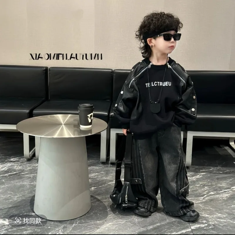 Children's 2025 Autumn Pullover Solid Color Letter Korean Version  Splicing PU Sweater Denim Trousers Set Boys  Two-piece Set