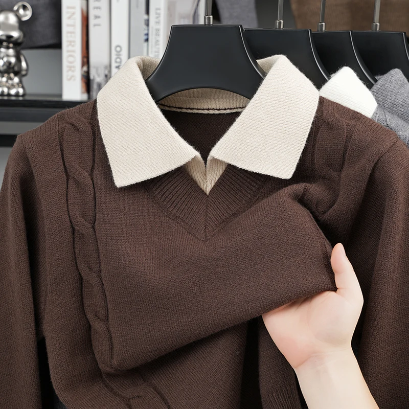 Autumn Winter Warm Men's Knit Pullover Fashion Design Fake Two Piece Lapel Collar Textured  Pattern Sweater Commuting Casual Top