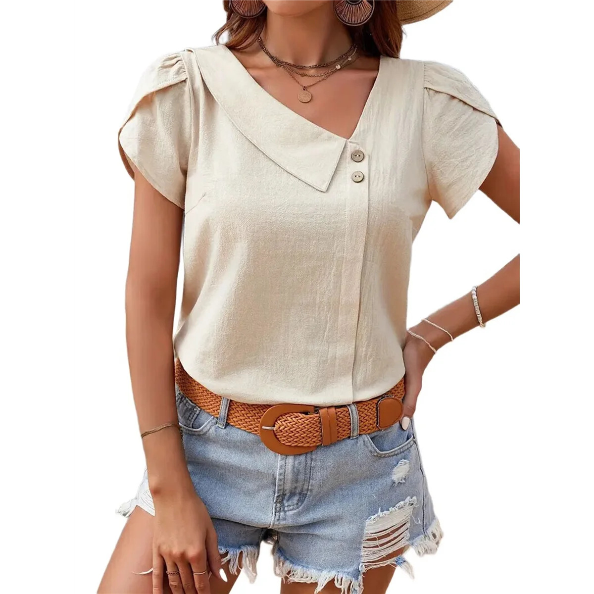 

Linen Tops for Women Casual Collared Business Blouses Tops Puff Sleeve Crop Shirts Loose Summer Work Clothes XL