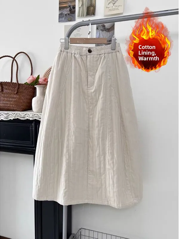 

Утепленная зимняя вельветовая юбка А-силуэта для женщин больших размеров, хлопковая, теплая, в стиле ретро, универсальная, свободная миди-юбка для фигуры типа «груша»