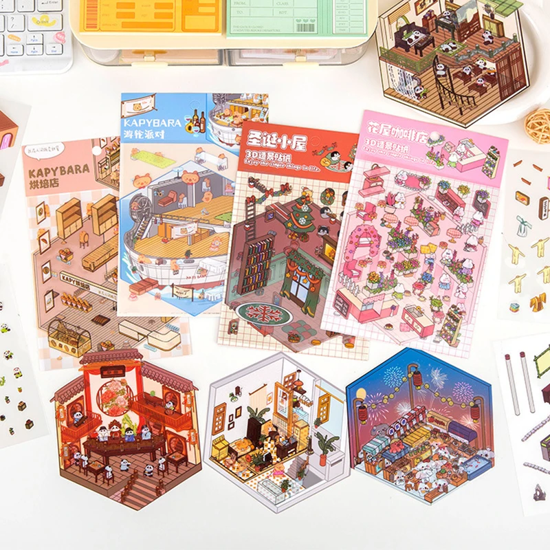 Cartoon Cute 3D DIY Landscaping Stickers Miniature Scene Visual Stacking Stickers Creative DIY Decoration Stickers Gifts