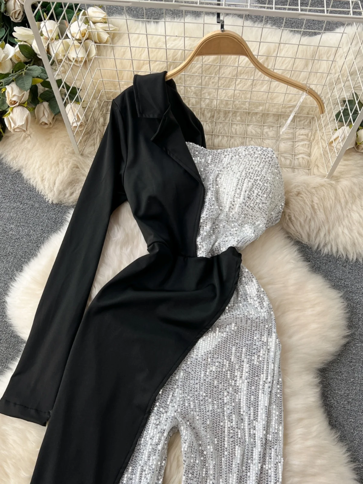 Elegant Chic Shoulder-baring Long Sleeve One-piece Pants for Women High Waist Straight Cut Sparkling Sequin Paneling Commute ...
