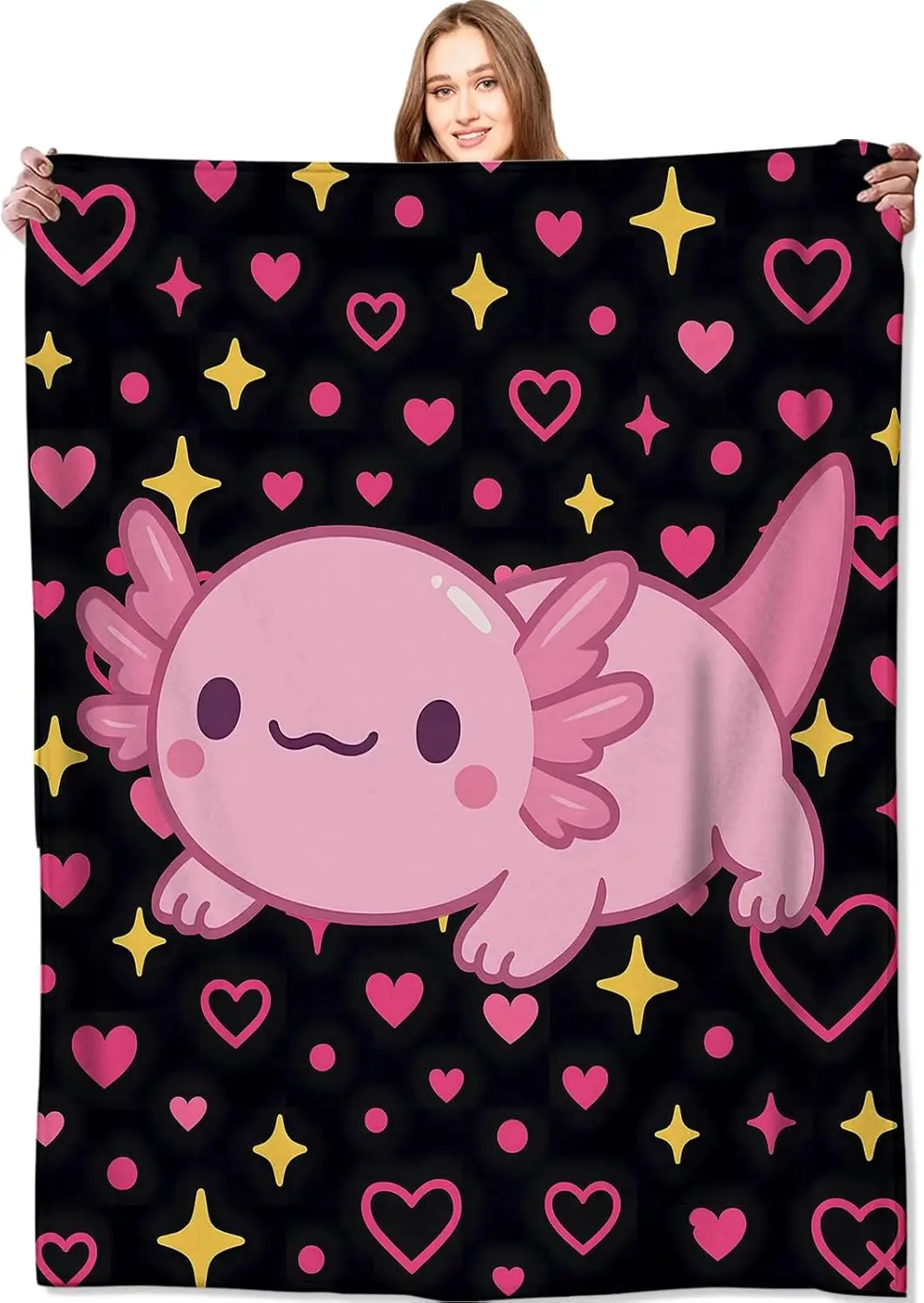 Cute Axolotl Blanket,Pink Animal with Heart and Star on Black Background Throw Blankets,Gifts for Kids Girls Women, Lightweight