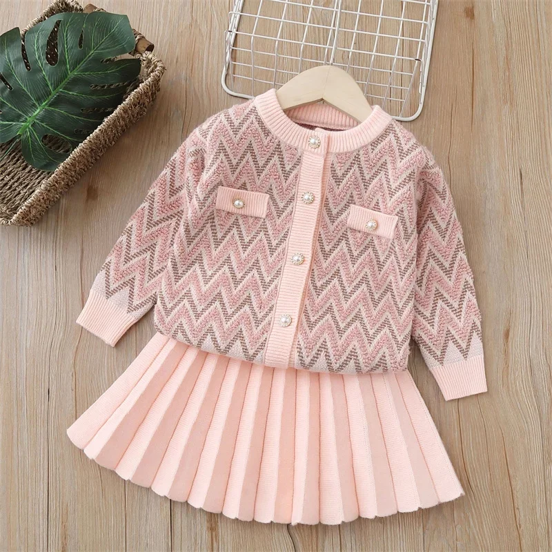 

Girls Baby Sweet Winter Autumn Knitted Clothes Sets Long Sleeve Sweaters Tops Pleated Skirt Outfits Children Clothes