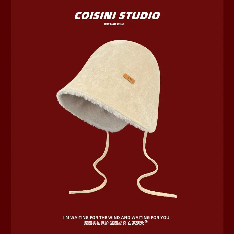 Retro Suede Bucket Hats Women Thick Plush Tie‑Strap Earflaps Hat Autumn Winter Outdoor Warm Face‑Flattering Casual Basin Cap