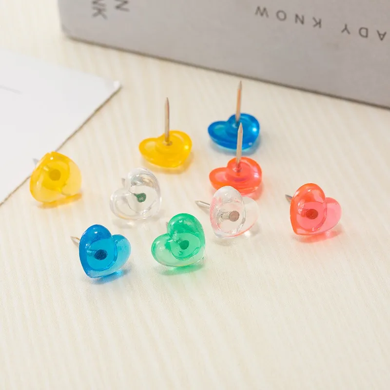 Clear Heart Shaped Push Pins Transparent Plastic Thumbtacks Office & Cork Board Supplies