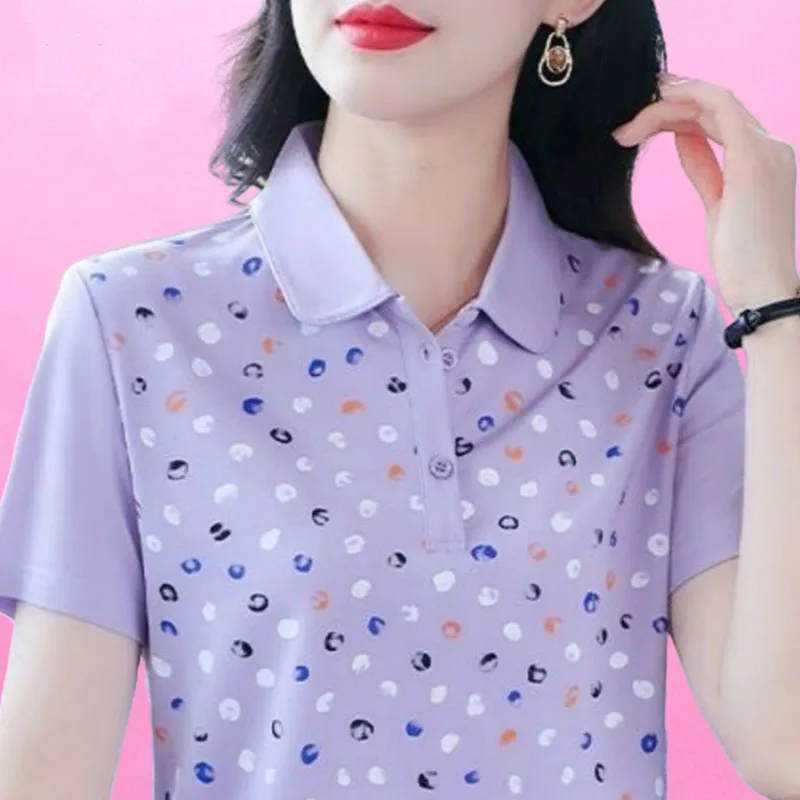 Fashion Lapel Short Sleeve Printed Polka Dot Polo Shirts Women's Clothing Summer New Loose Casual Tops Commuter Tee Shirt