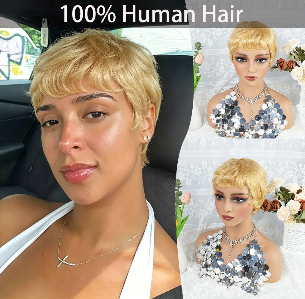 #27 Honey Brown Women'S Short Straight Pixie Cut Wig Brazilian Human Hair Full Machine Made No Shedding Wig for Daily Wear