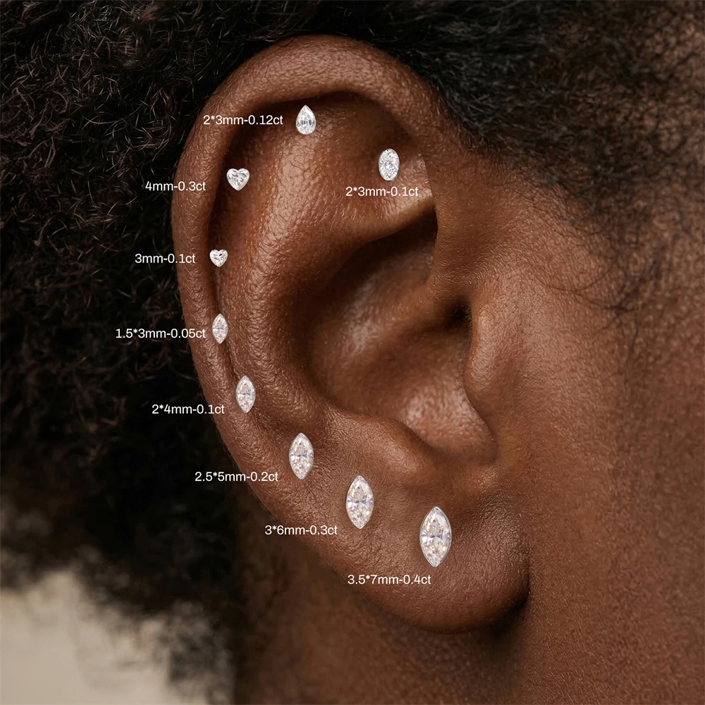 CANNER 1PC D Color Classic Four Claw Moissanite Luxury Flat Back Piercing Earring Women 925 Sterling Silver Sparkling Ear Bone