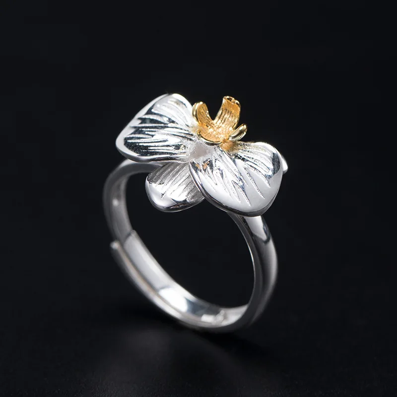 レトロな胡蝶蘭調節可能なリング、ファッショナブルな中国の花の指輪、手作りのs925シルバーレディース人差し指リングテールリング