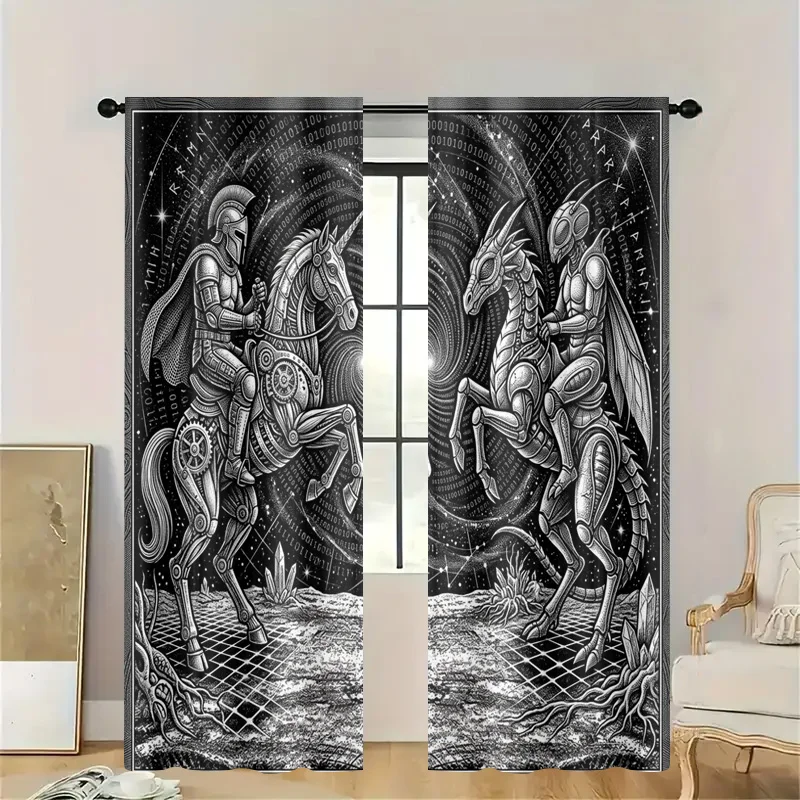 Industrial Steampunk Cyberpunk SciFi Window Curtain Panel Binary Code Gears Knights Horseback Decor Semi Sheer Privacy Kitchen W