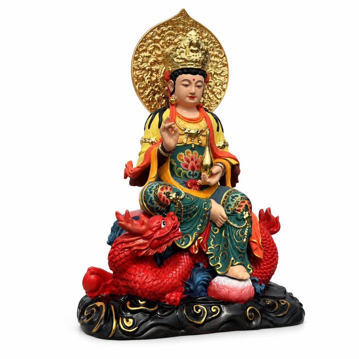 Hand Carved Hinoki Wood Guan Yin Riding Dragon Statue for Traditional Feng Shui Zen Home Living Room Altar Decor Gift