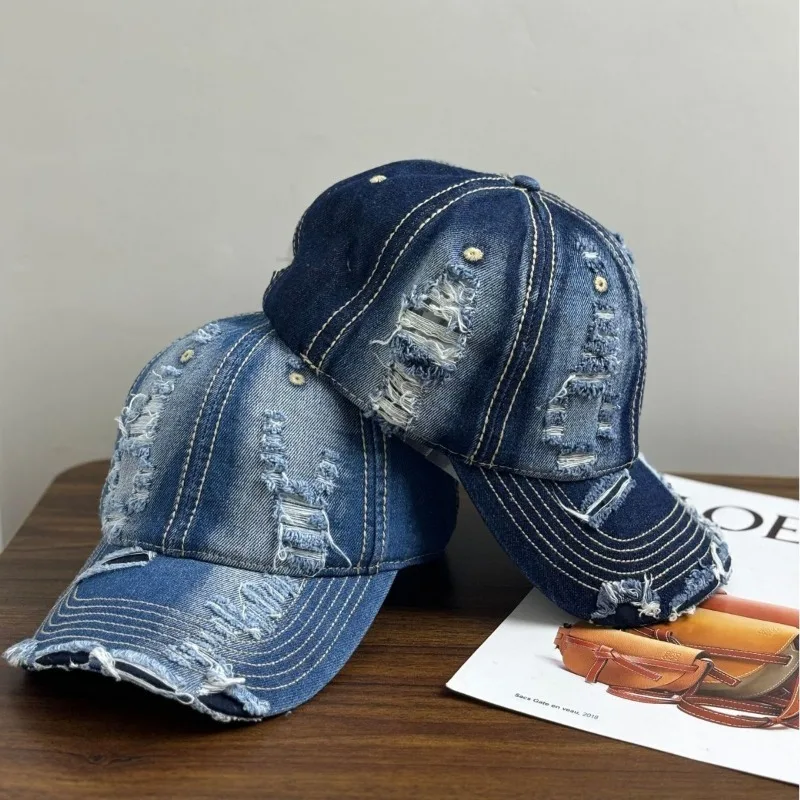 2024 New Personalized Washed Denim Ripped Baseball Hat Outdoor Men's Leisure Adjustable Sunshade Sports Cap Gorras Hombre