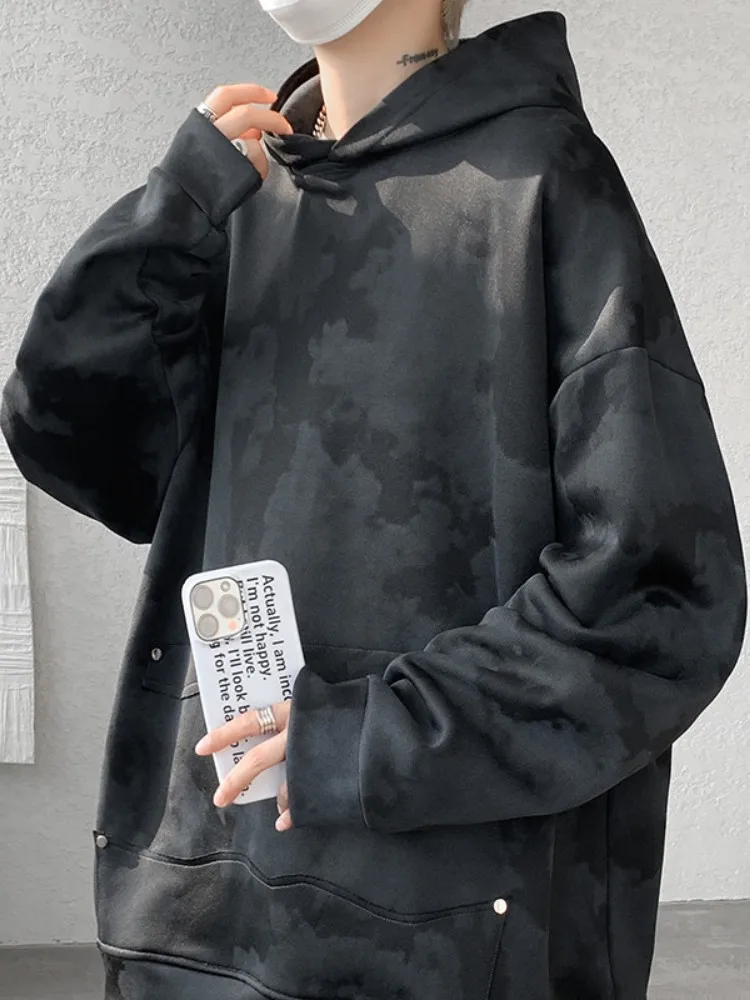 

Hooded Sweatirt Men's Spring Autumn American Retro Dyed Jaet Casual Sports Wear for Teenagers fiti Print Loose Fit