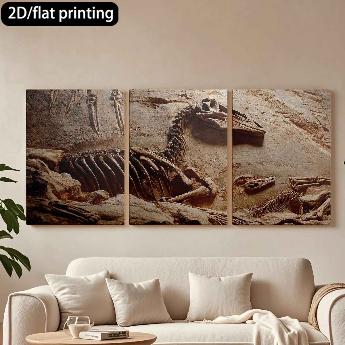 

2D плоская печать, набор из 3-х картин на холсте в деревянных рамах, декоративные картины с изображением окаменелых скелетов динозавров. Декор для коридора и спальни.
