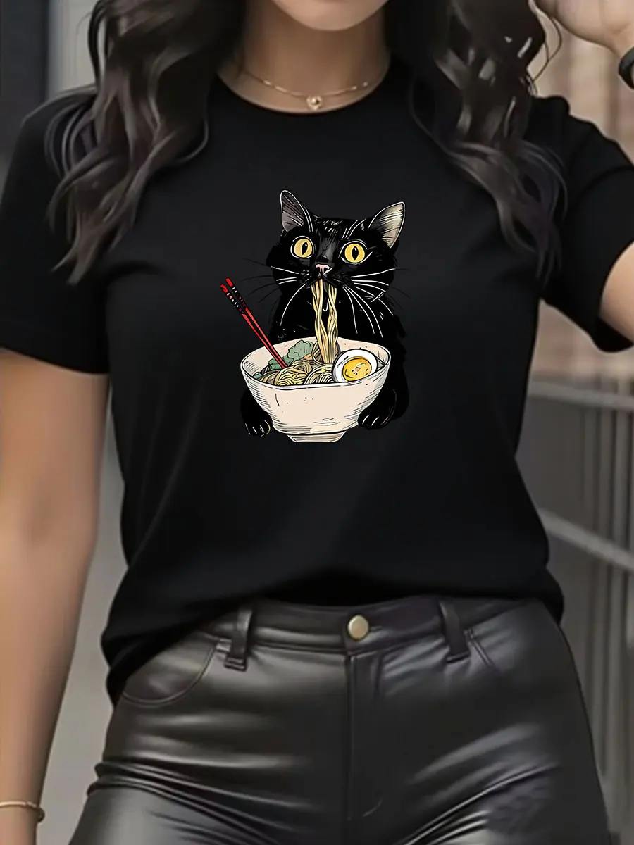 Noodle Ramen Cat T-Shirt Foodie Lover T Shirts Black Cat Noodle T-Shirts Retro Casual Short Sleeve Tshirt for Men Women Clothes