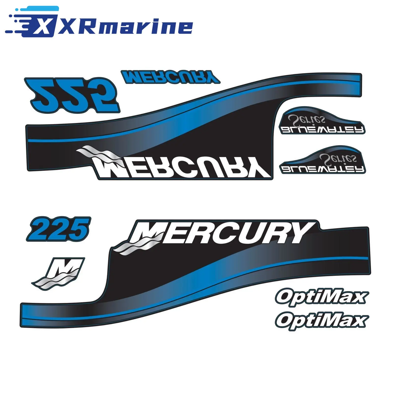 855408A99 BLUEWATER Series Decals Sticker Set for Mercury Outboard Stickers 225 HP OptiMax Blue Water TOP COWL 887913T1 850299T1