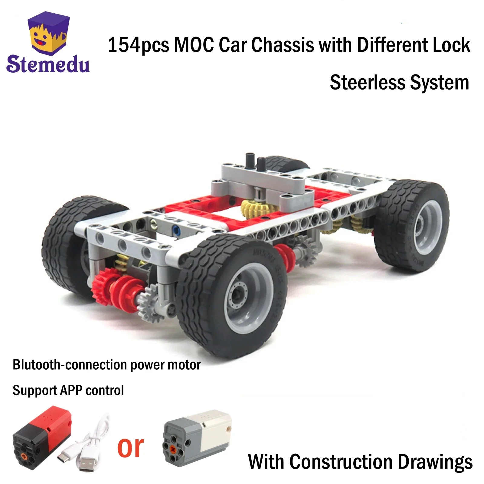 

154PCS MOC Car Chassis Differentials Locks Blue-tooth Power Motor APP Control Rechargeable for Building Blocks Car Modification