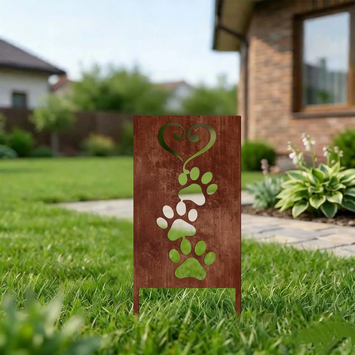 A Rusty Metal Dog Paw Print Garden Screen Outdoor Statue, Suitable for Outdoor Lawns and Gardens; Easily Installed in Gardens