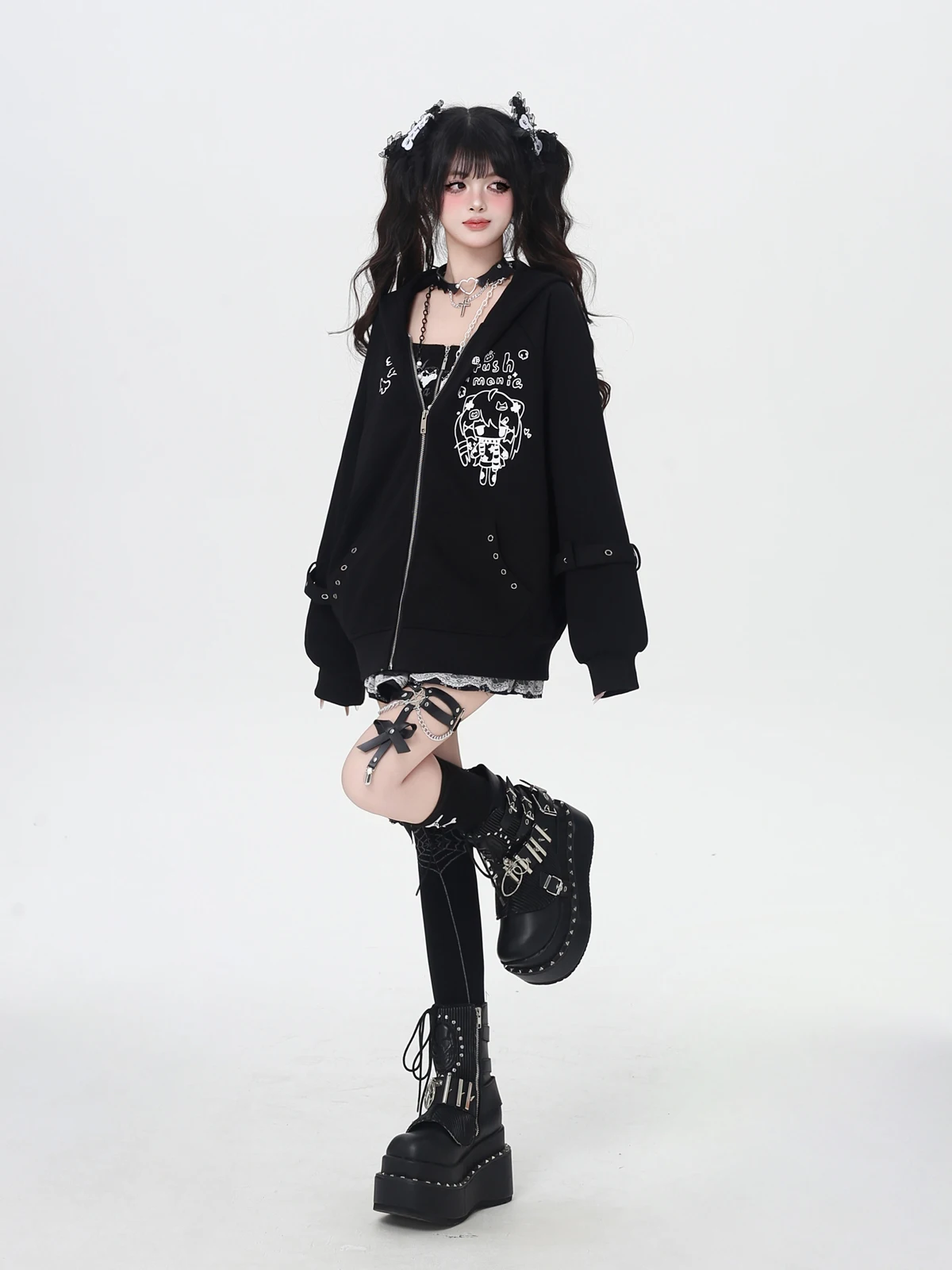 Streetwear Sweet Cool Girl Y2K Hoodies Cute Cartoon Print Zipper Long Sleeve Loose Casual Versatile Sweatshirts Jackets Women