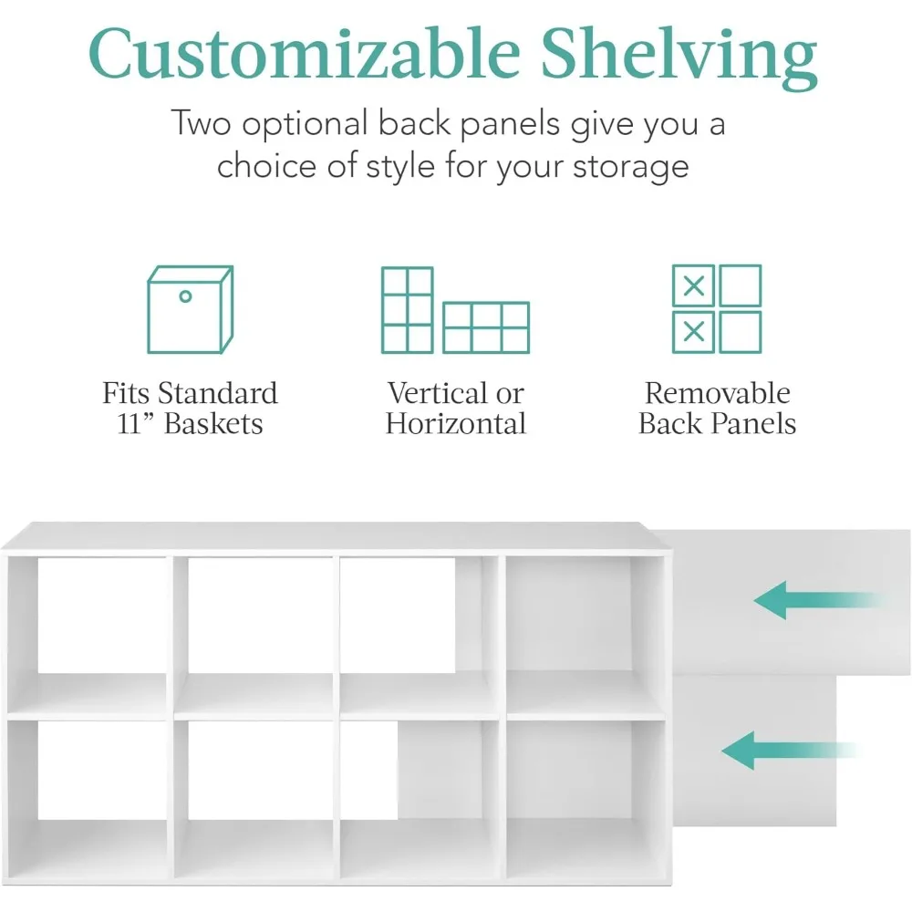 8-Cube Storage Organizer, 11in Shelf Opening, Bookcase, Display Shelf, Customizable w/ 3 Removable Back Panels