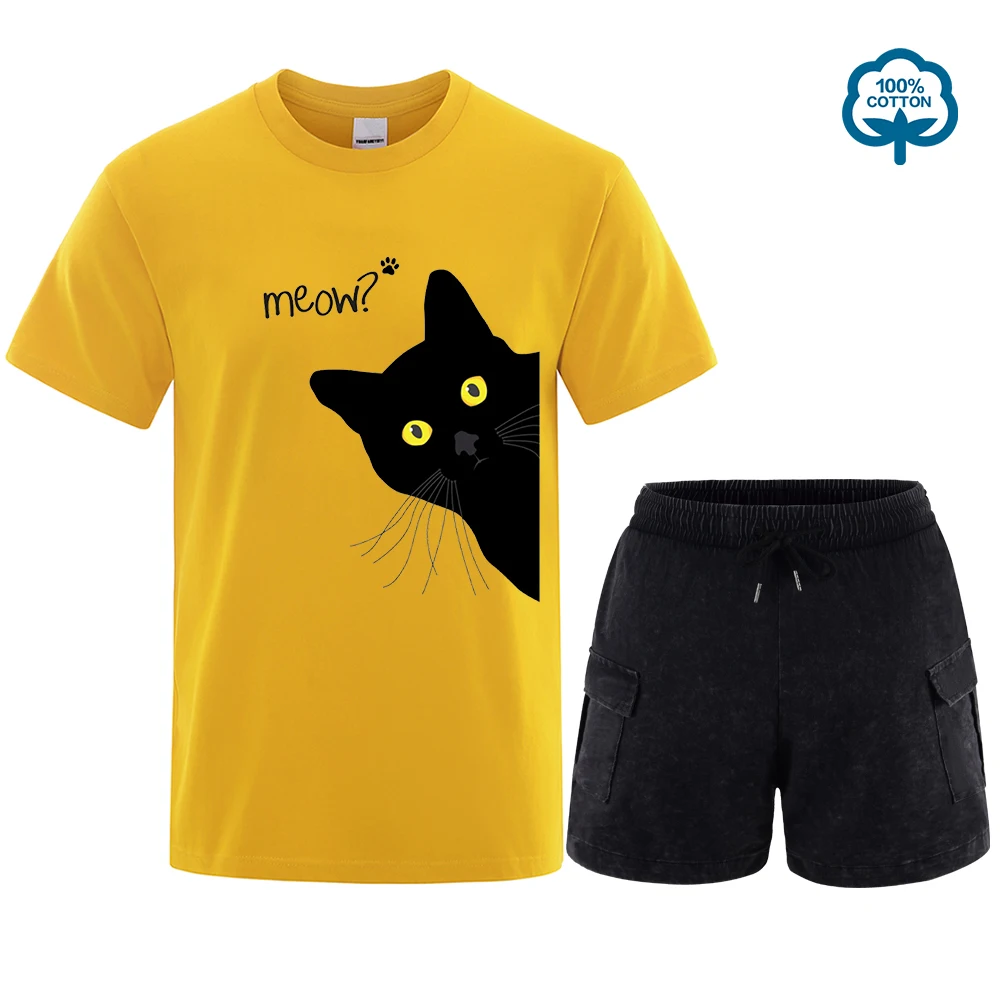 

Meow Black Cat Funny Printing Men T-Shirts Set Breathable Tee Clothes Summer Streetwear Tops Oversized Loose Cotton Short Sleeve